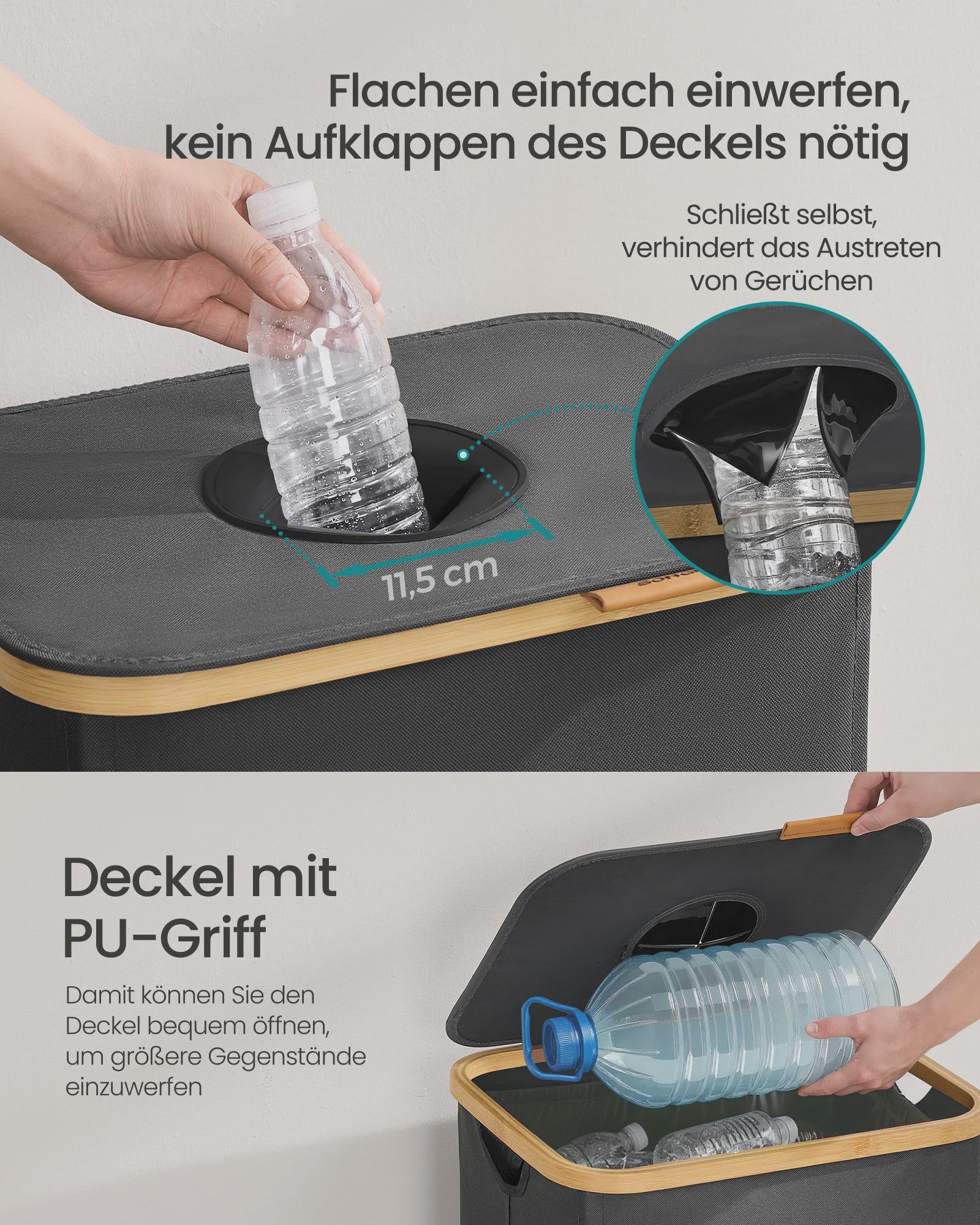 SONGMICS 100L Recycle Container met Deksel en Binnenzak - Grijze Flessenverzamelaar voor de Keuken