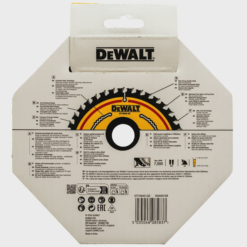 DEWALT DT10640 Cirkelzaagblad 165mm, 40T - Duurzaam & Precisie voor Hout