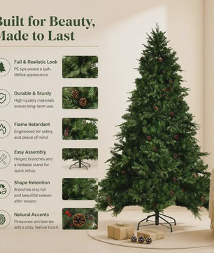 Kunstkerstboom met LED-verlichting en dennenappels - 210 cm