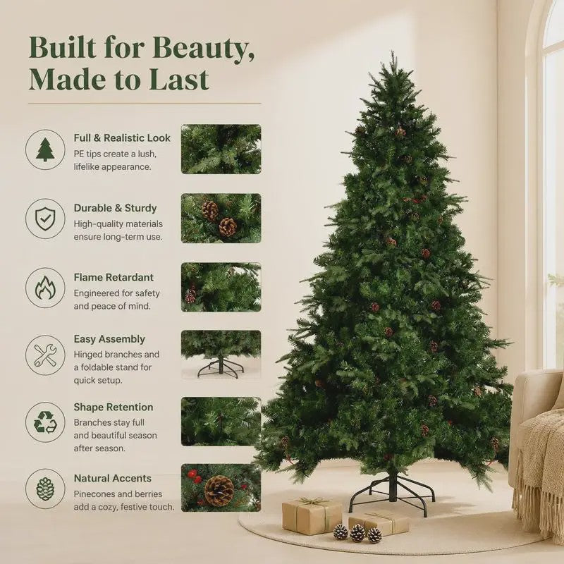 Kunstkerstboom met LED-verlichting en dennenappels - 210 cm