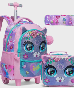 3-delige Kinder Trolley Rugzak Set met Wieltjes, Lunchtas en Etui - Meisjes