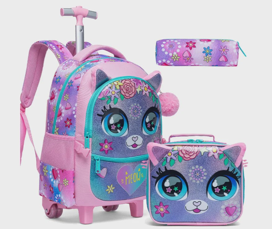 3-delige Kinder Trolley Rugzak Set met Wieltjes, Lunchtas en Etui - Meisjes