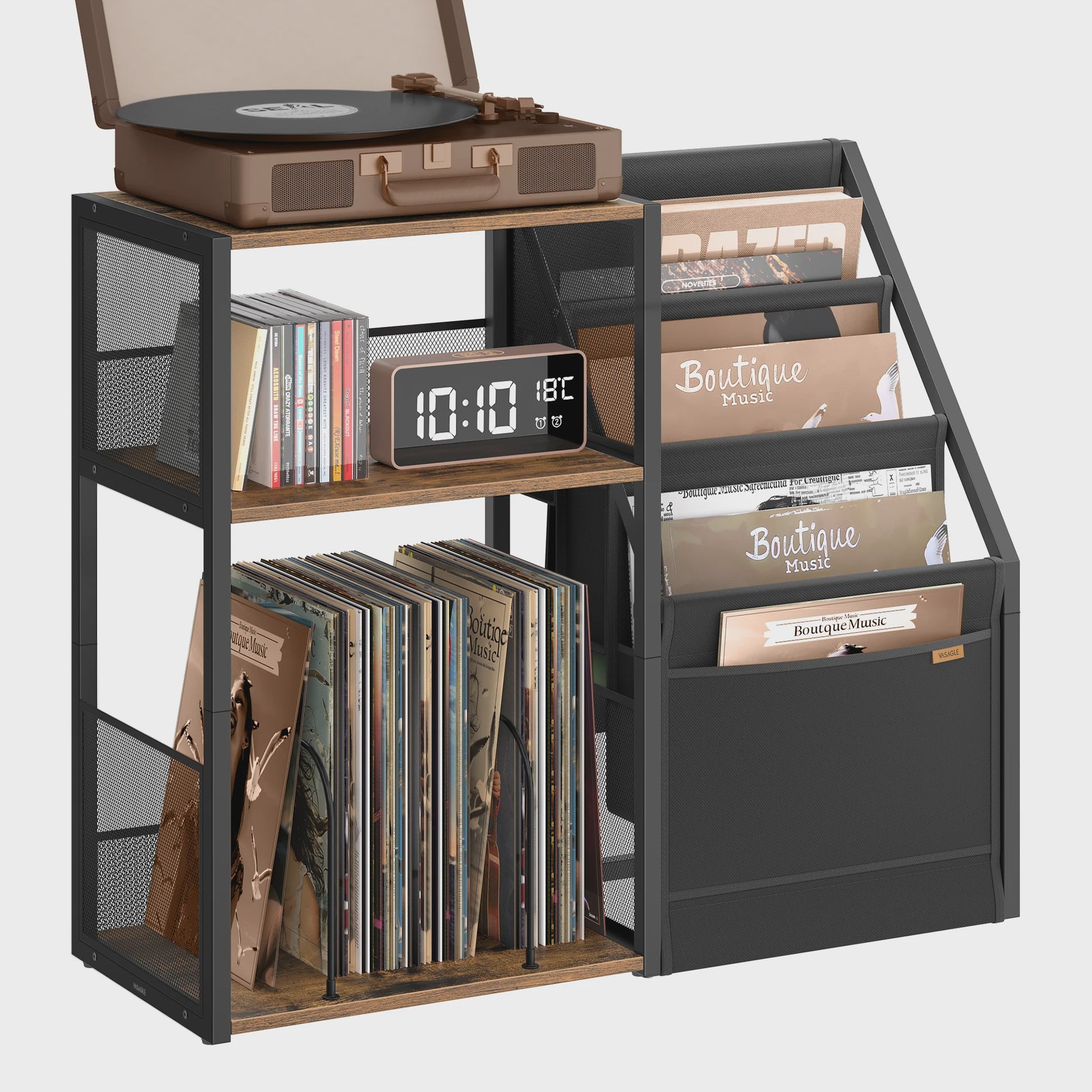 VASAGLE Platenkast met Draaitafelstandaard - 3 Verdiepingen voor Vinyl & Muziekapparatuur