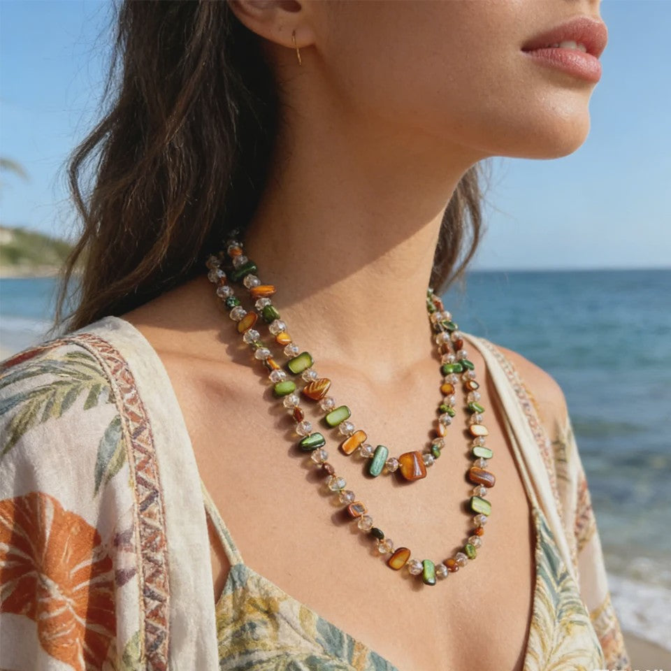 Luxe Dubbellaagse Schelp & Kristal Ketting - Bohemian Seaside Stijl