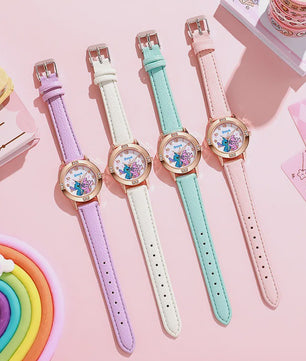Schattig Stitch Kinderhorloge met Leren Band en Kristallen Wijzerplaat - Perfect Cadeau