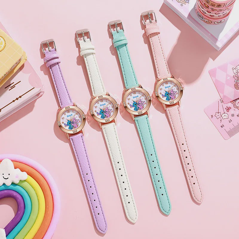Schattig Stitch Kinderhorloge met Leren Band en Kristallen Wijzerplaat - Perfect Cadeau