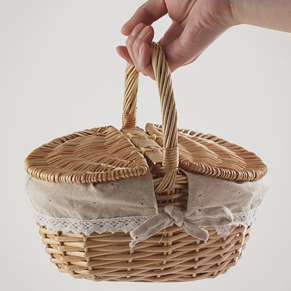 Handgemaakte Riet Picknickmand met Deksel en Handvat - Willow Woven Opbergmand