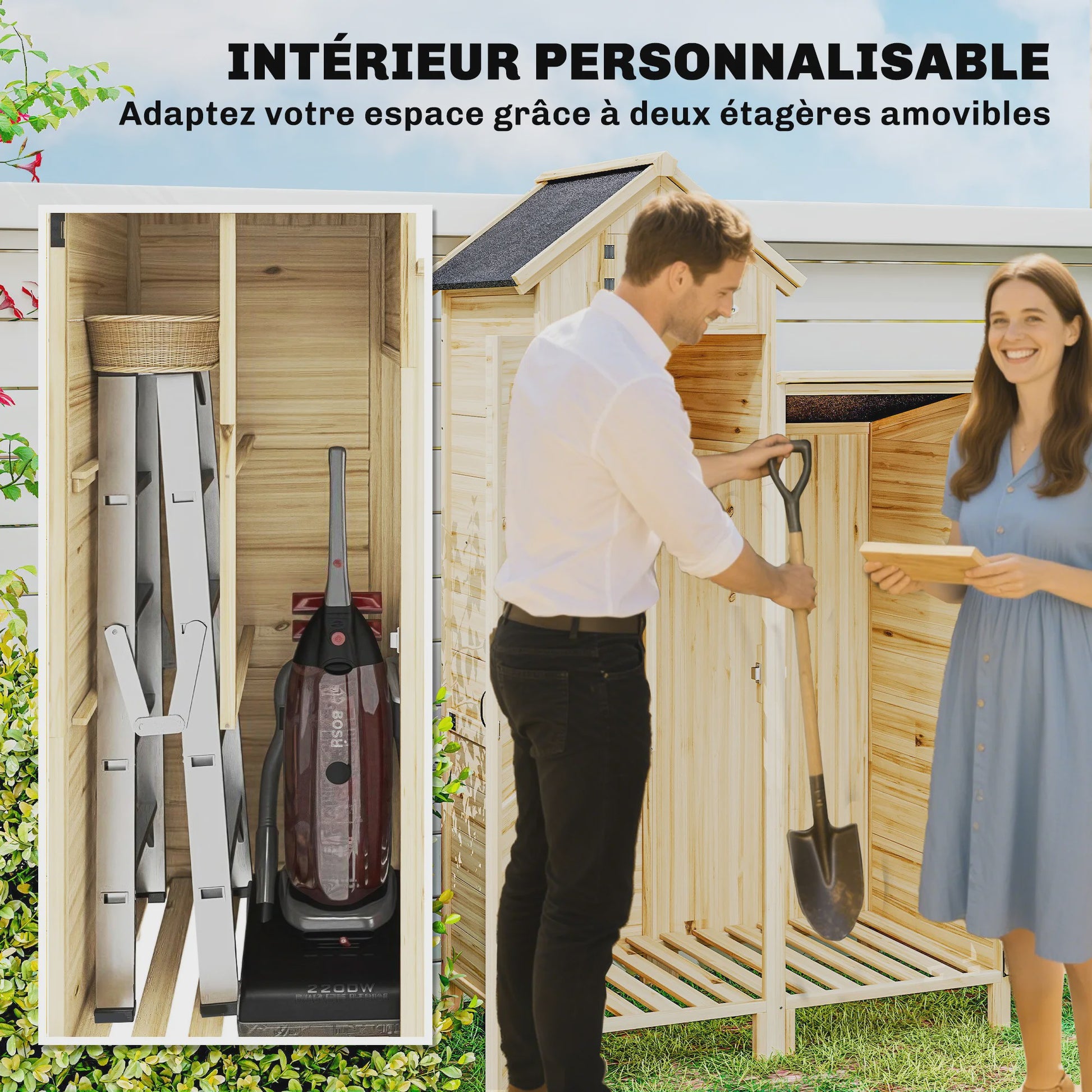 Outsunny Houten Tuinkast met Dubbele Zone en Verwijderbare Planken - 106x57x167 cm