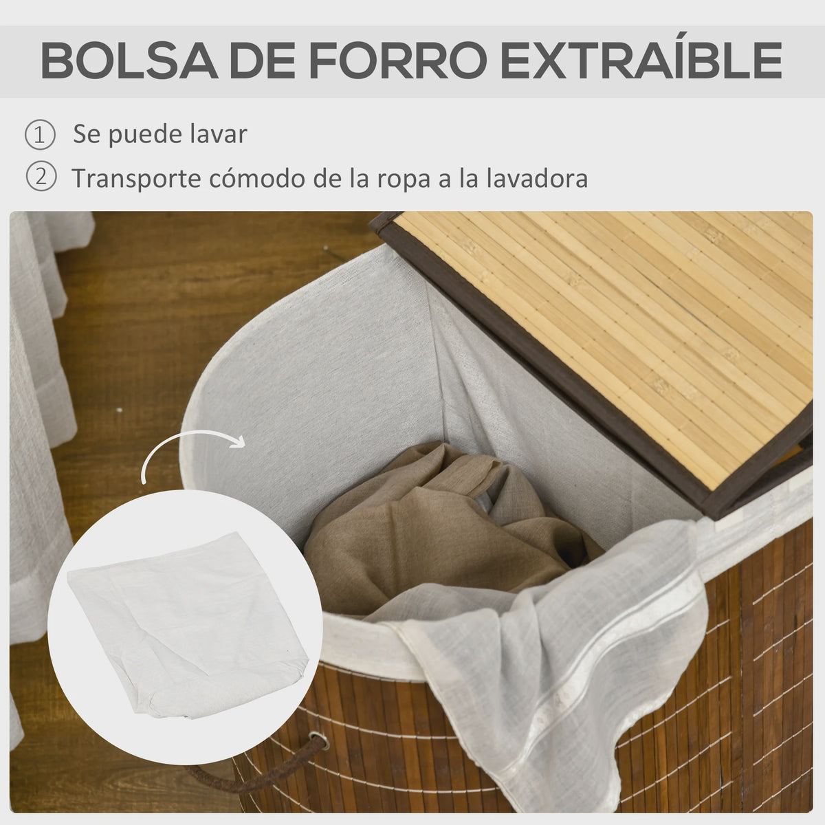 Homcom Bamboe Wasbox met Deksel en 2 Compartimenten - 100L