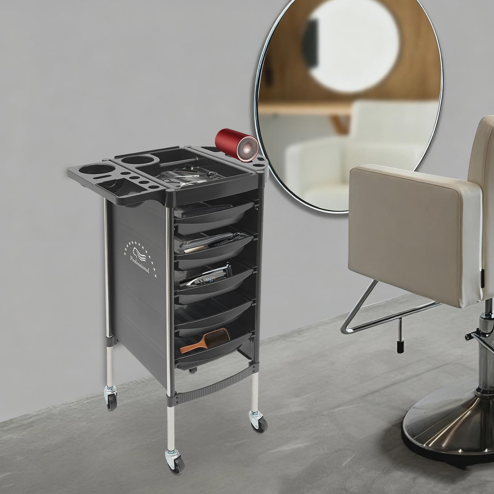 Mobiele Salon Trolley met 5 Lades, Top Opbergruimte en Vergrendelbare Beveiliging