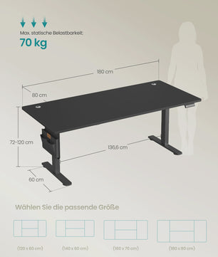 SONGMICS Elektrisch In hoogte Verstelbaar Bureau 180x80 cm met USB-C en Memory Functie