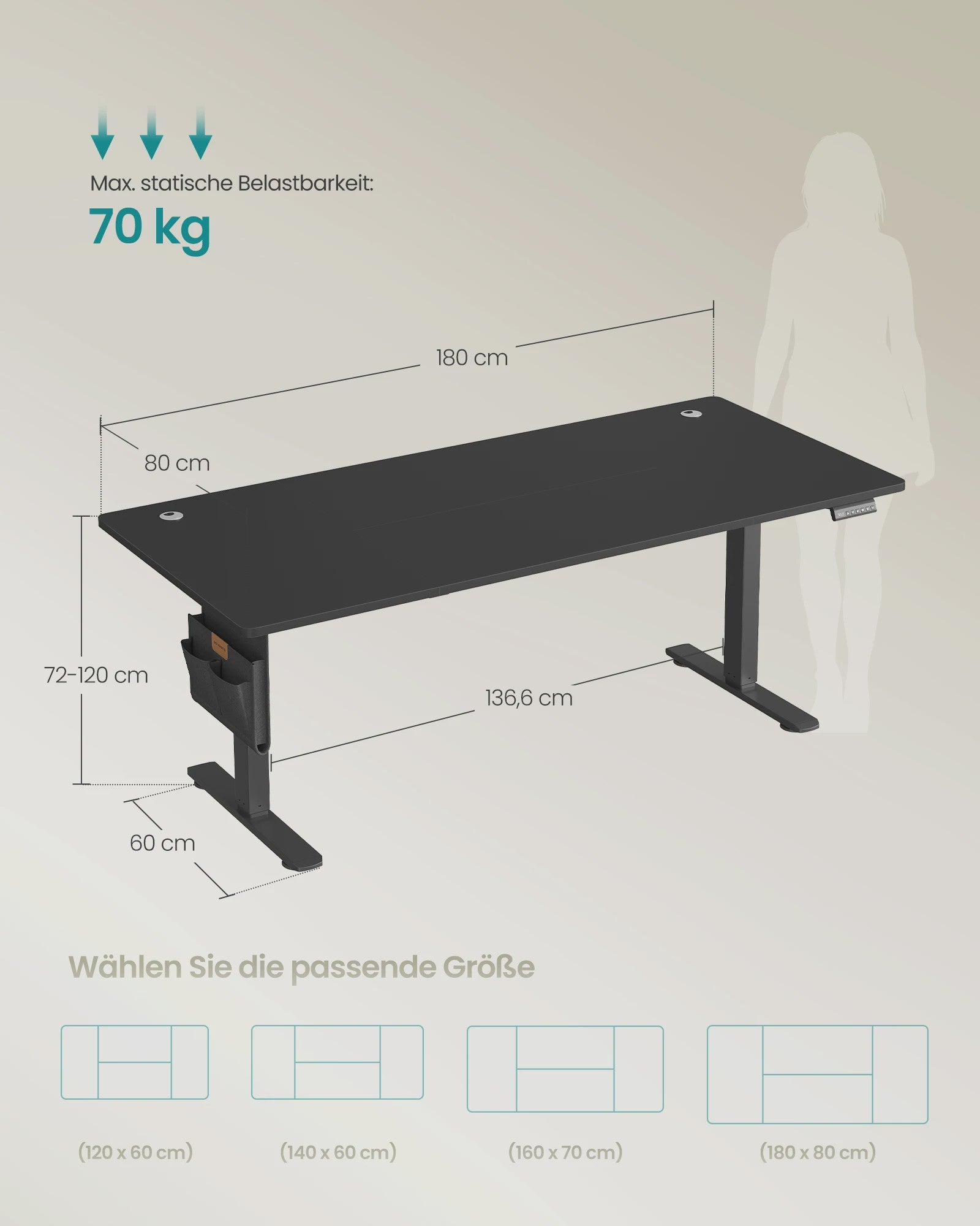 SONGMICS Elektrisch In hoogte Verstelbaar Bureau 180x80 cm met USB-C en Memory Functie