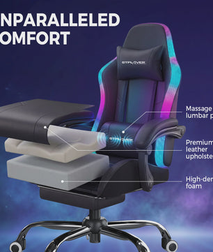GTPLAYER Ergonomische Gaming & Kantoorstoel met LED Verlichting, Massagefunctie en Opbergvak