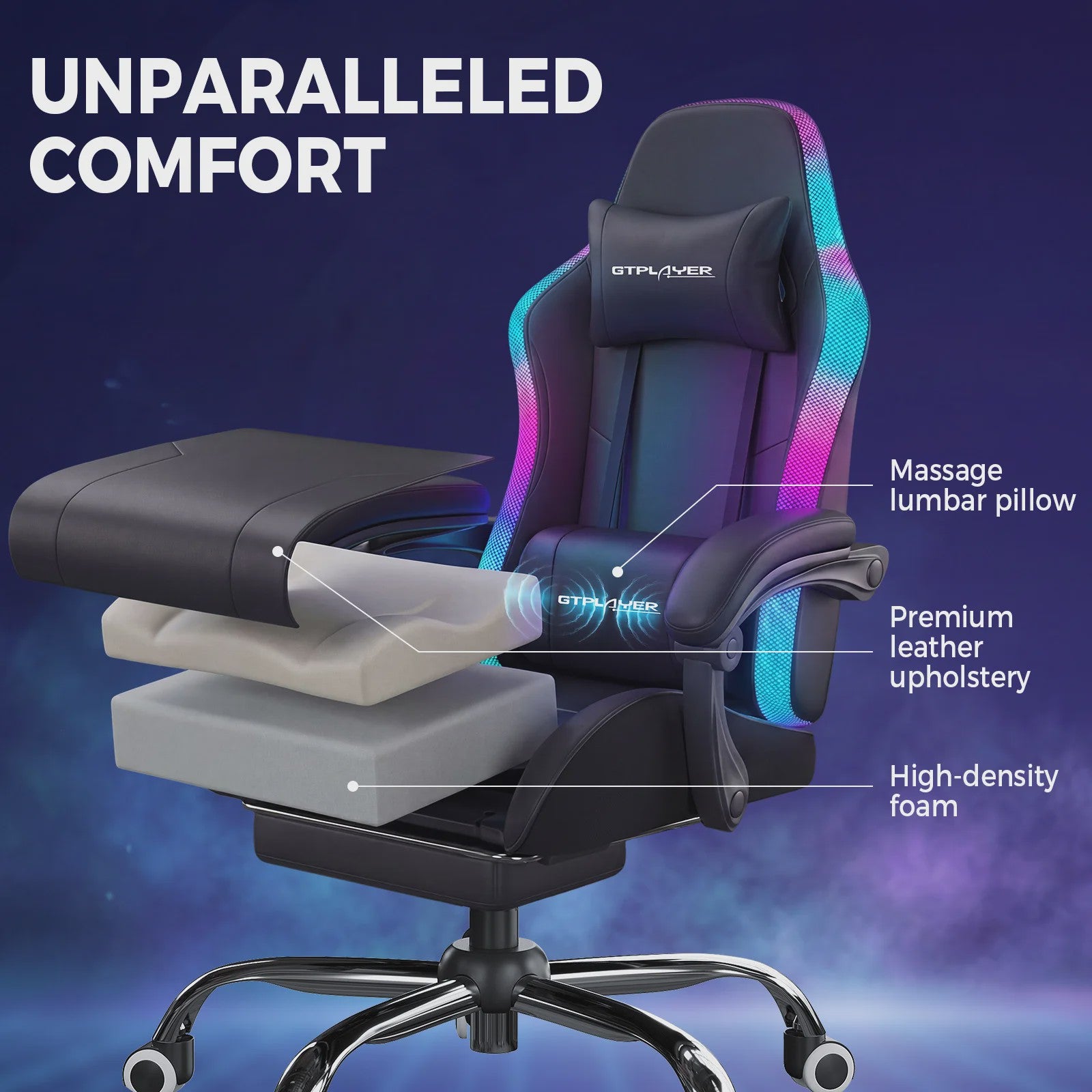 GTPLAYER Ergonomische Gaming & Kantoorstoel met LED Verlichting, Massagefunctie en Opbergvak