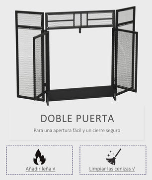 Vouwbaar Haardscherm met 3 Panelen, Dubbele Deur en Voetjes - 120x11.5x79 cm Zwart