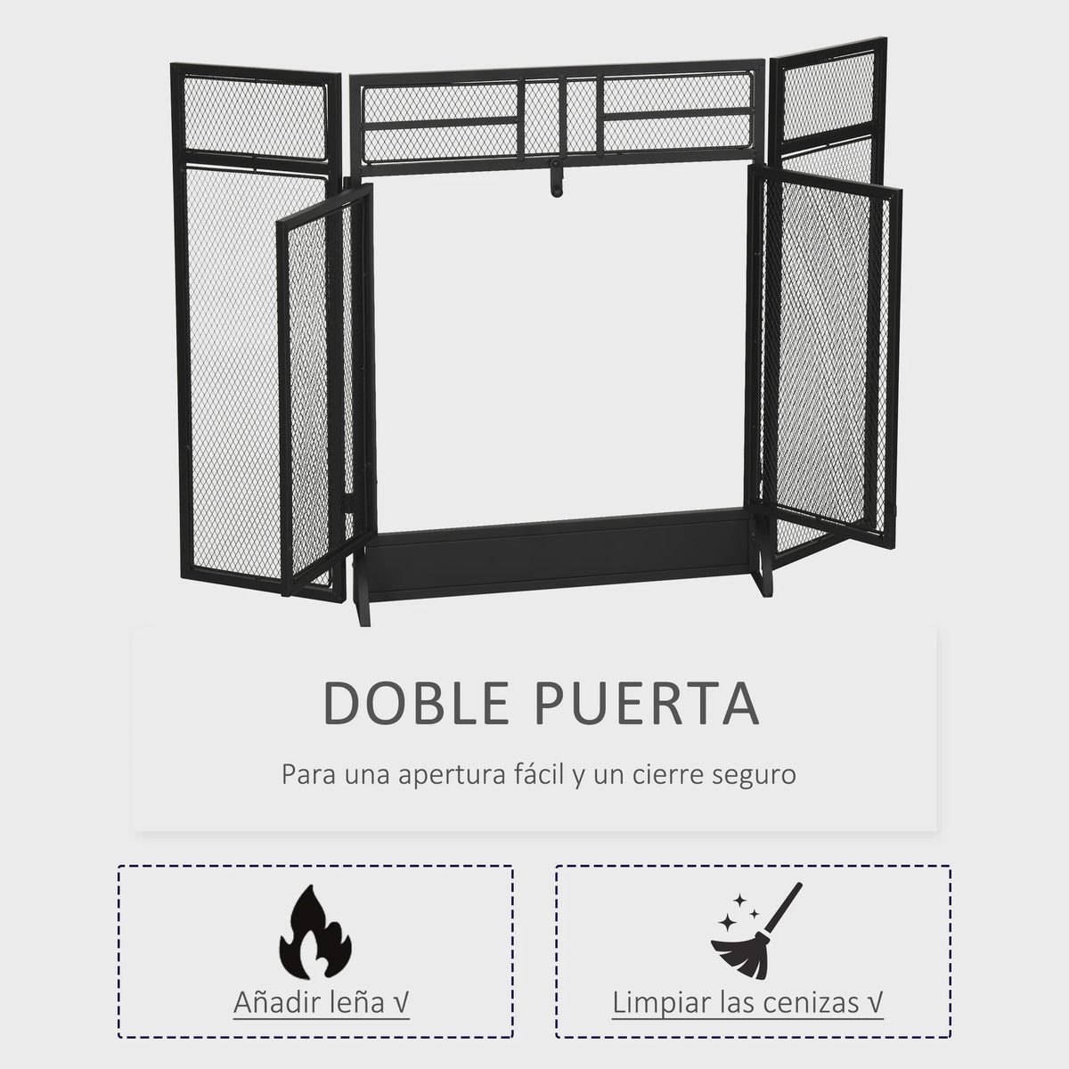 Vouwbaar Haardscherm met 3 Panelen, Dubbele Deur en Voetjes - 120x11.5x79 cm Zwart