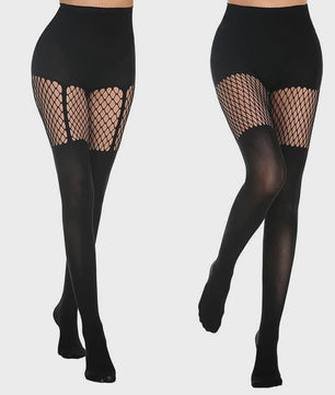 Zwarte Visnet Panty met Jarretellen en Holle Ontwerp - Sexy Nachtclub & Dans Tights