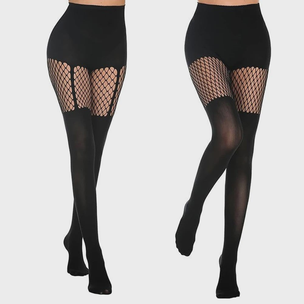 Zwarte Visnet Panty met Jarretellen en Holle Ontwerp - Sexy Nachtclub & Dans Tights