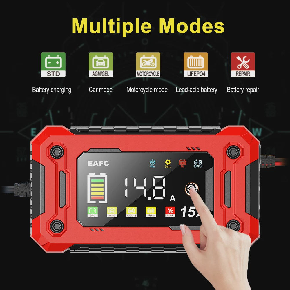 Slimme Acculader 12V 15A met LCD Display en Pulsreparatie voor Auto, Motor, SUV