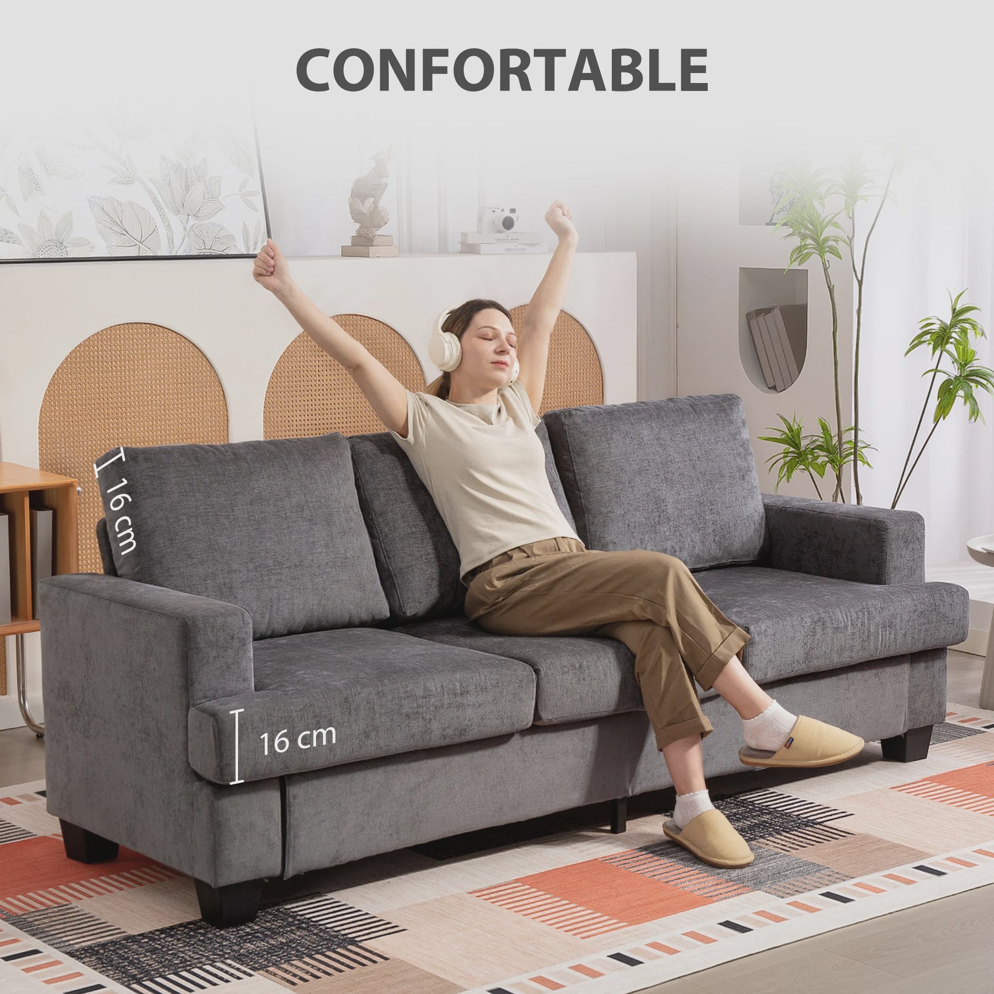 Moderne Grijze 3-zitsbank in Chenille - 213 cm Breed