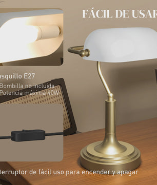 Klassieke Bankiers Bureaulamp met Verstelbare Witte Kap - E27 Fitting
