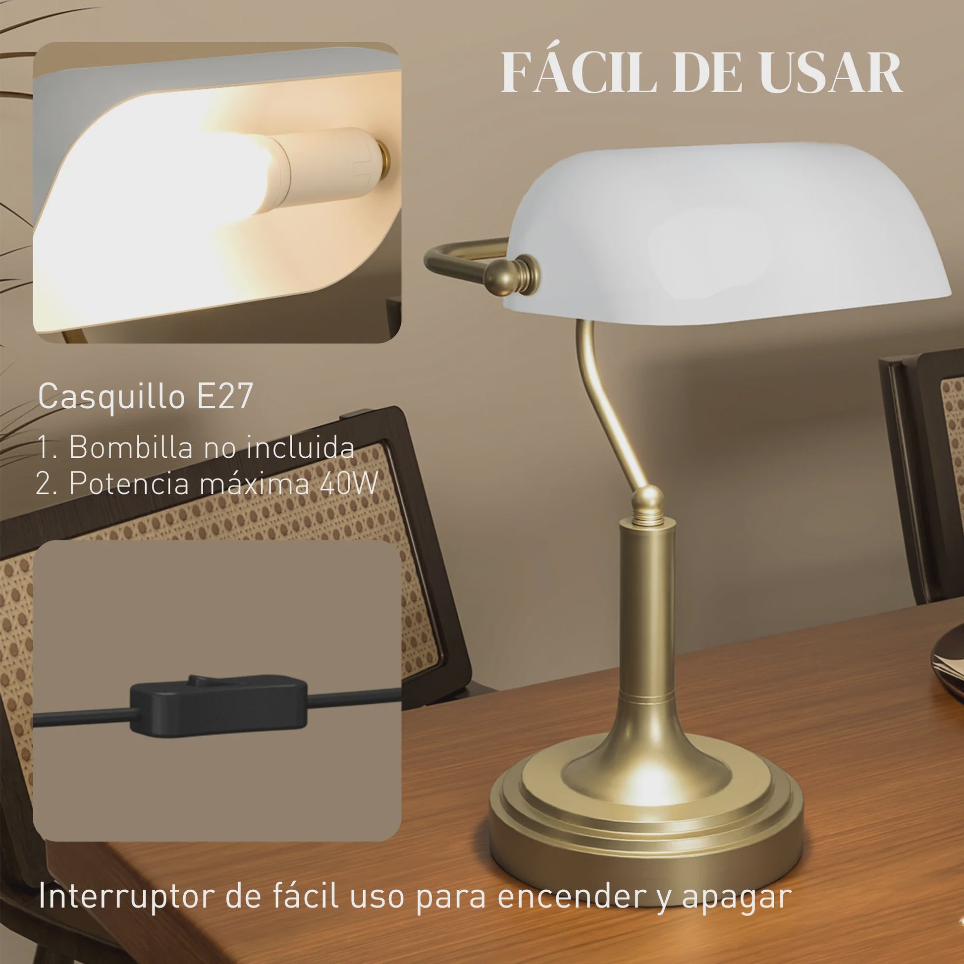 Klassieke Bankiers Bureaulamp met Verstelbare Witte Kap - E27 Fitting