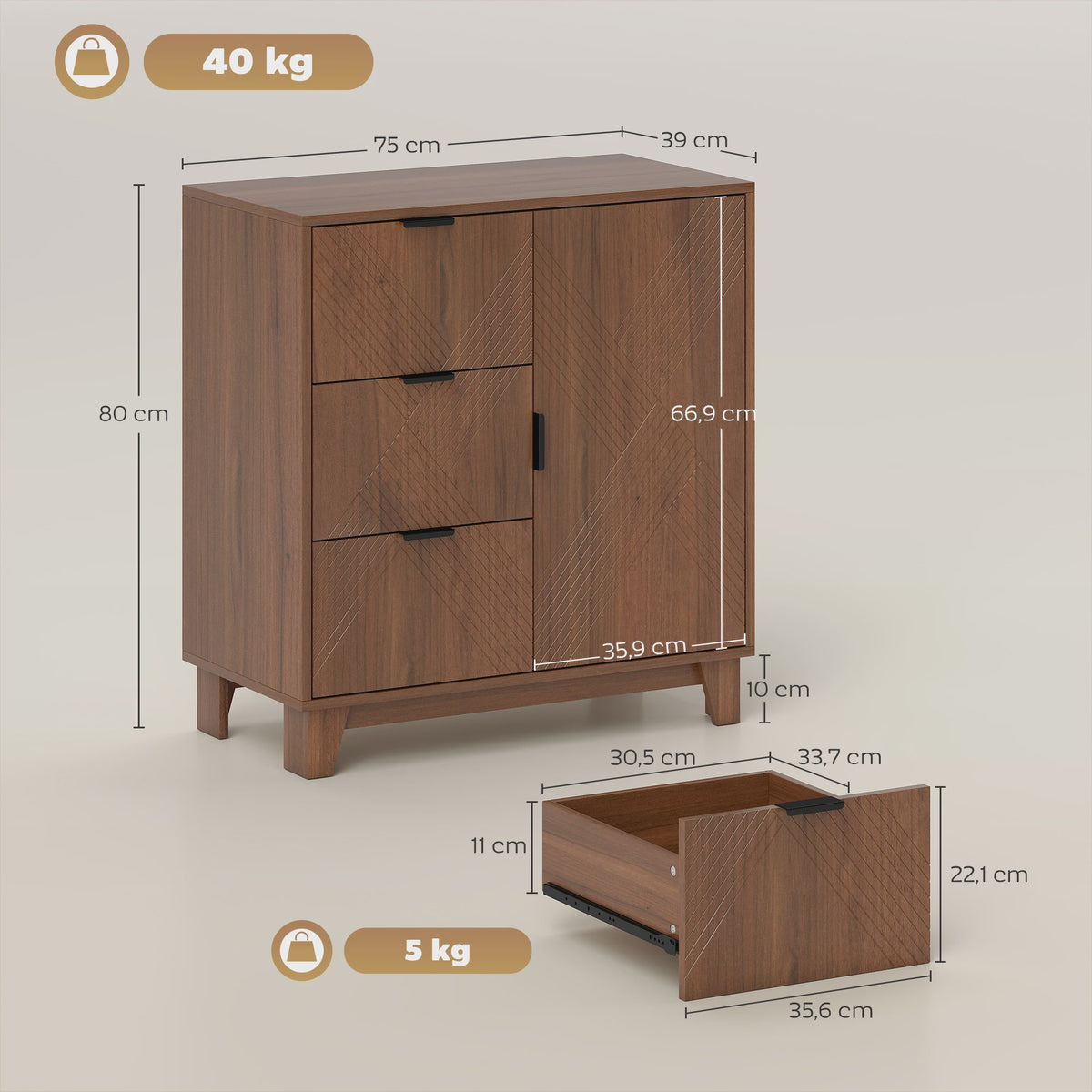 Stijlvolle Houten Buffetkast met 3 Lades en Deur - Ideaal voor Woonkamer & Keuken