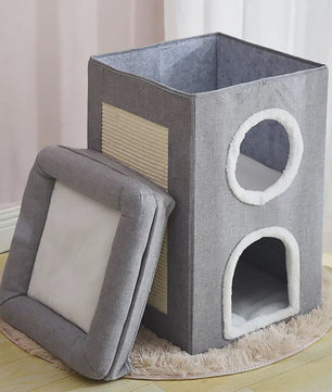 2-Laags Kattenhuis met Krabpaal en Hangend Speeltje - Comfortabel & Veilig