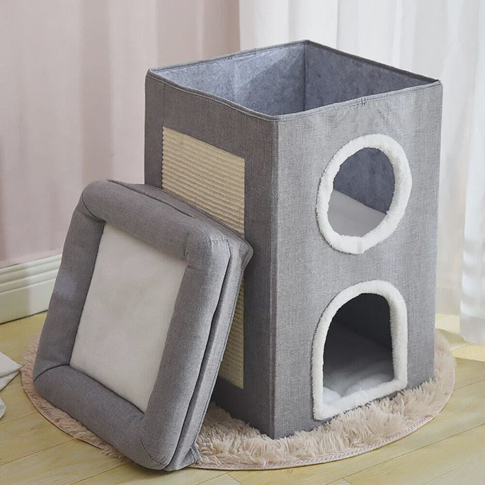 2-Laags Kattenhuis met Krabpaal en Hangend Speeltje - Comfortabel & Veilig