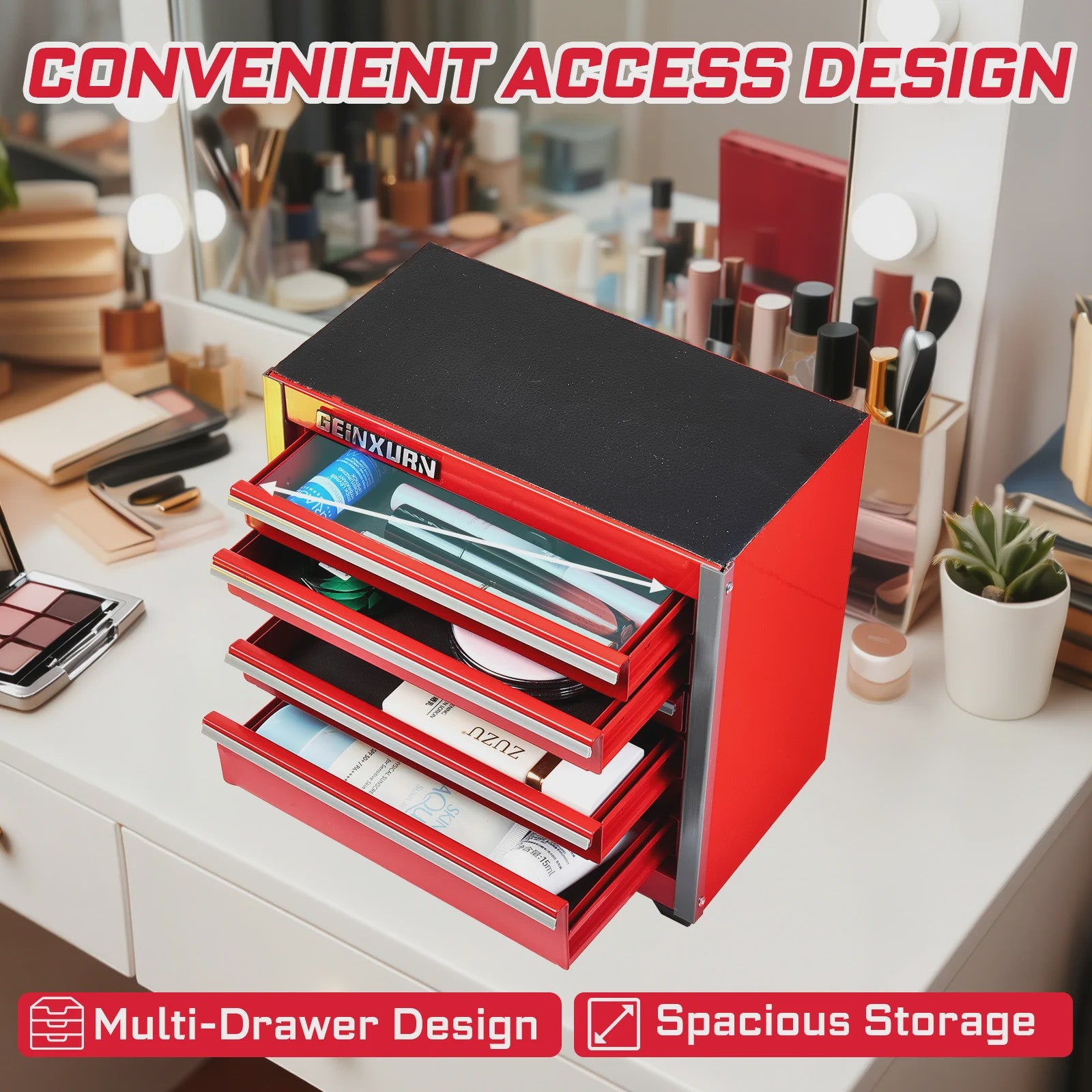 Geinxurn Mini Gereedschapskist - Compacte 3/5 Lades, Stapelbaar Staal, Rood