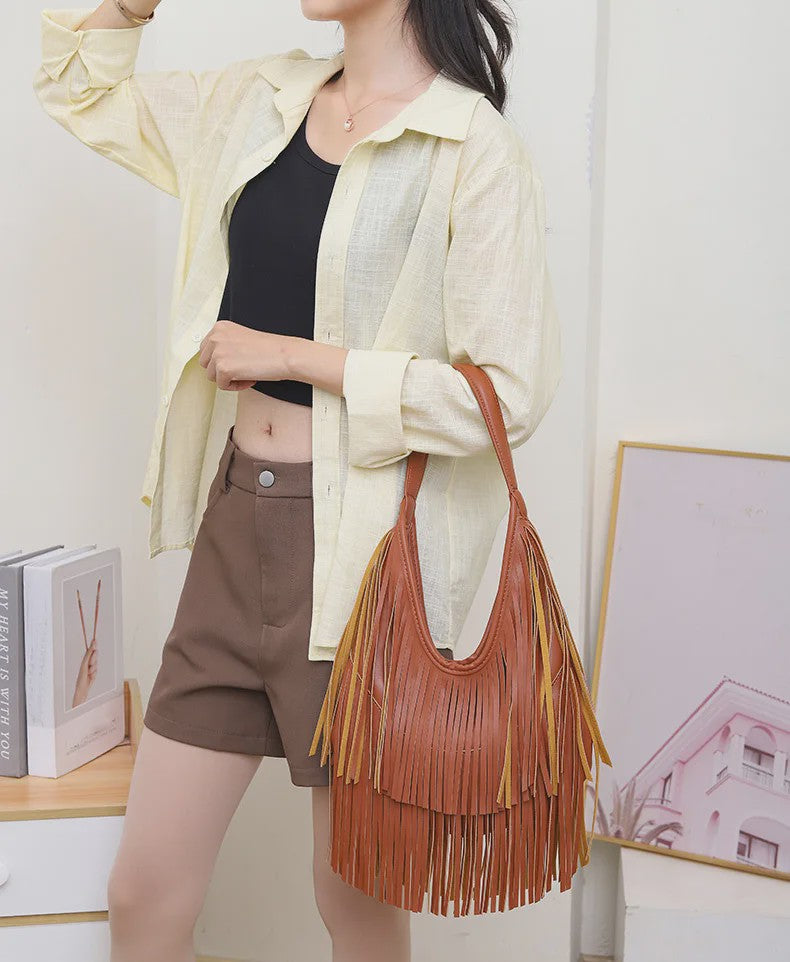 Luxe Dames Schoudertas met Lange Franjes - Zacht PU Leer, Casual Hobo Tote