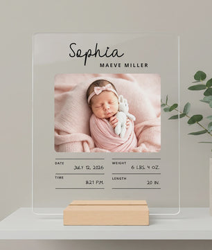 Gepersonaliseerd Geboortebord met Babyfoto & Geboortegegevens - Acryl & Hout