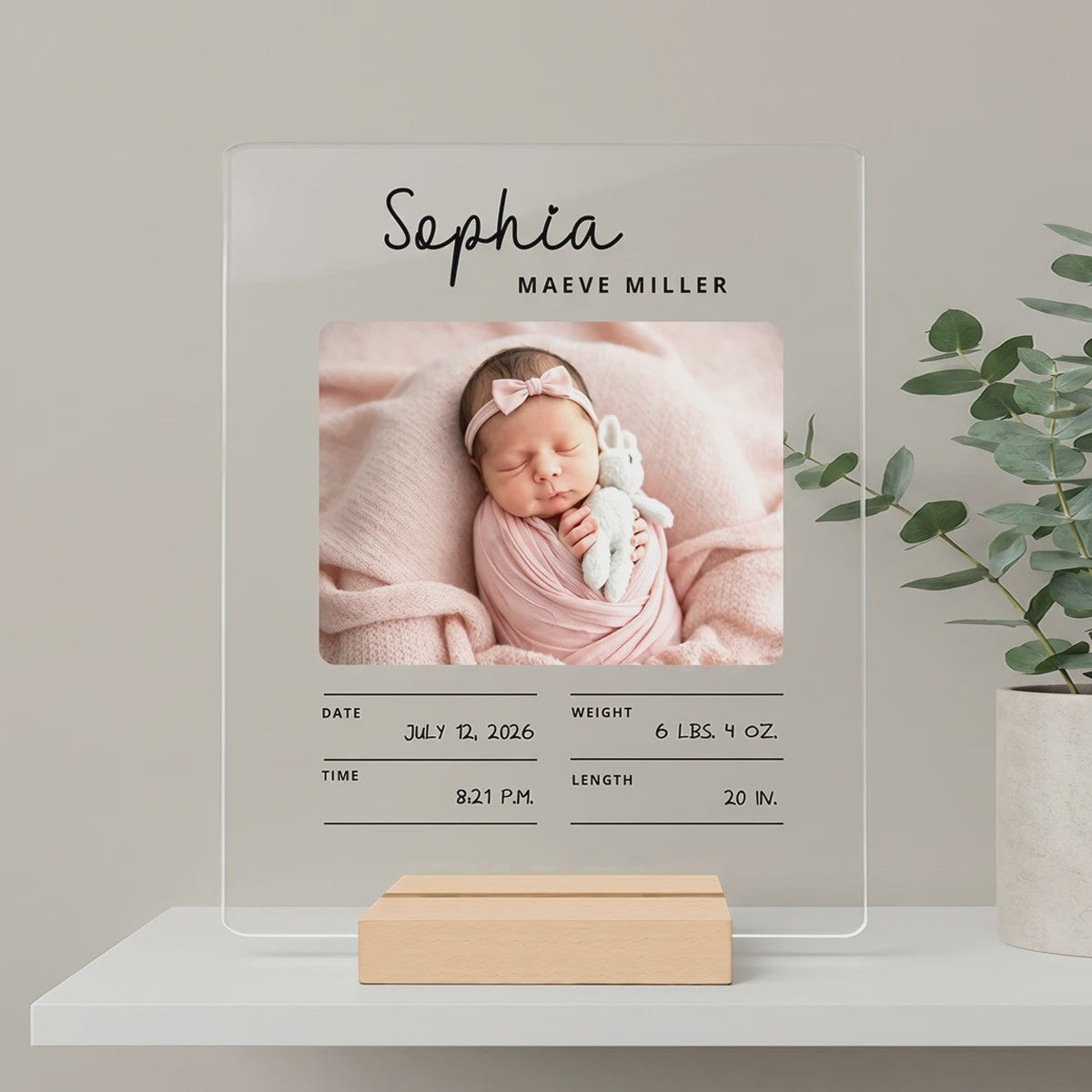Gepersonaliseerd Geboortebord met Babyfoto & Geboortegegevens - Acryl & Hout