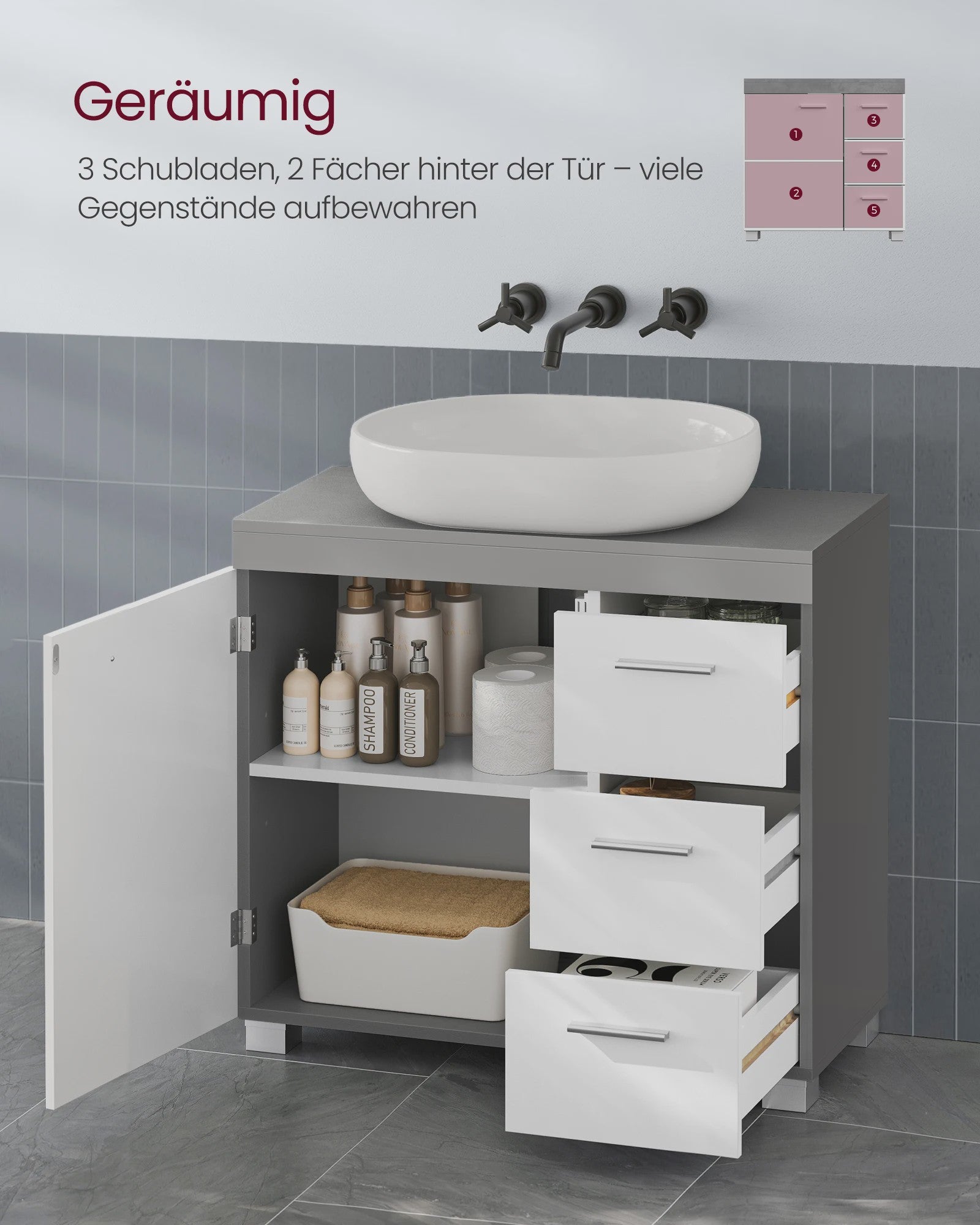 Onderbouw Wastafelkast met Lades en Poten - 70x30x64 cm