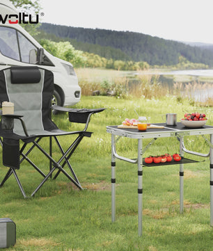 Verstelbare en Opvouwbare Campingtafel van Aluminium met Opbergnet en Haken - Draagbaar voor Tuin, Picknick & BBQ