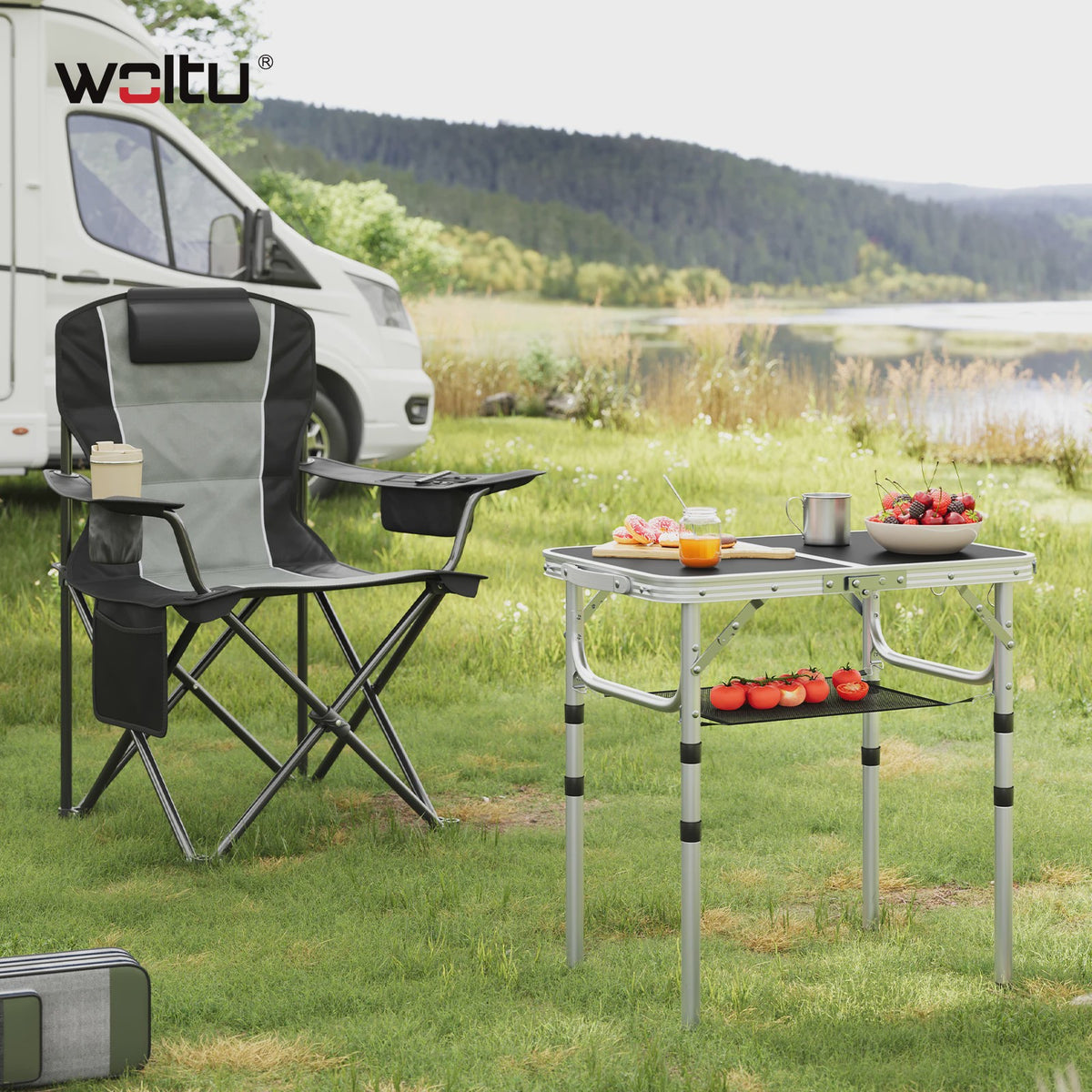 Verstelbare en Opvouwbare Campingtafel van Aluminium met Opbergnet en Haken - Draagbaar voor Tuin, Picknick & BBQ