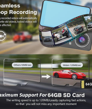 E-ACE Full HD 1080P Dash Cam met 4-inch Touch IPS Scherm, Dubbele Camera Voor & Achter, Nachtzicht en Parkeerfunctie
