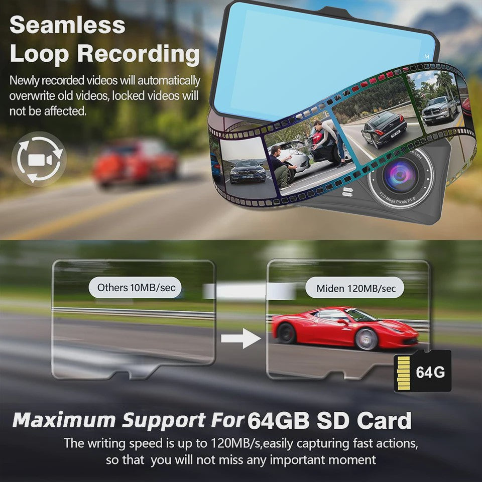 E-ACE Full HD 1080P Dash Cam met 4-inch Touch IPS Scherm, Dubbele Camera Voor & Achter, Nachtzicht en Parkeerfunctie
