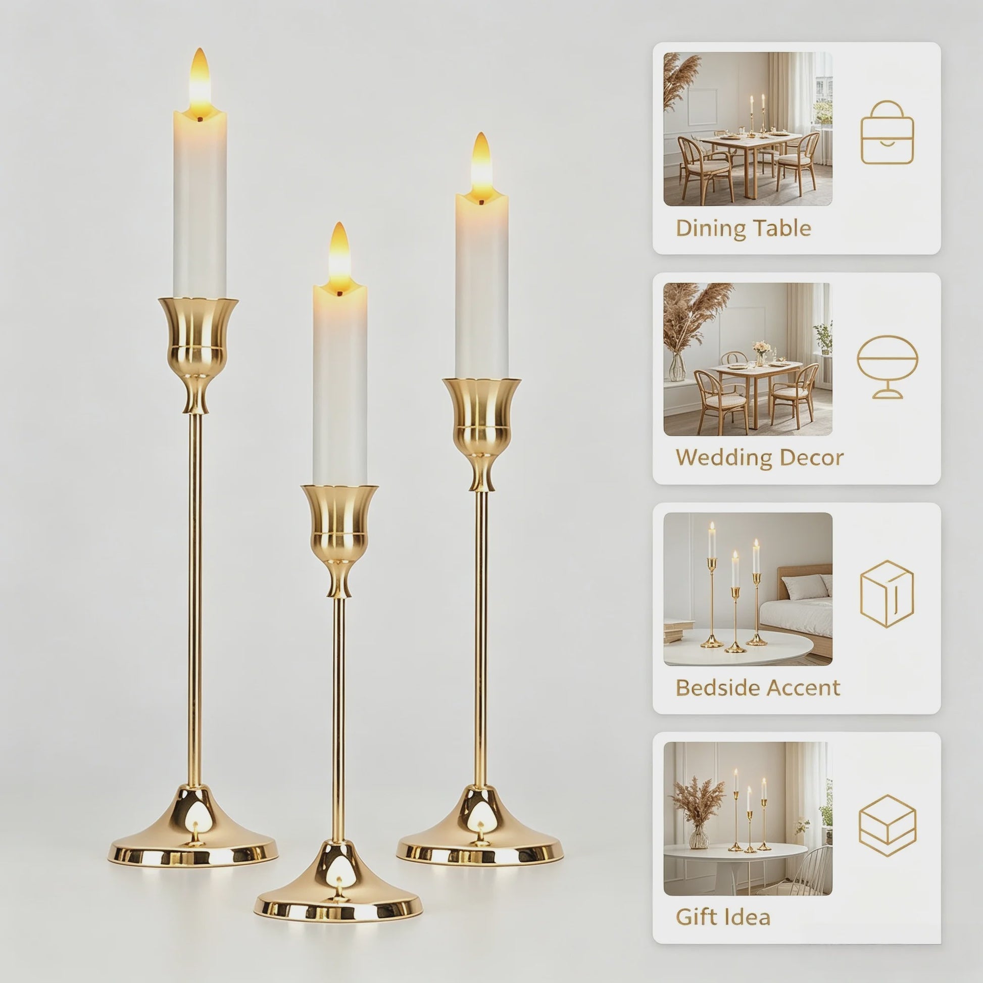 Set van 3 Goudkleurige Klassieke Kandelaars met Stabiele Voet - Perfect voor Bruiloft en Decoratie