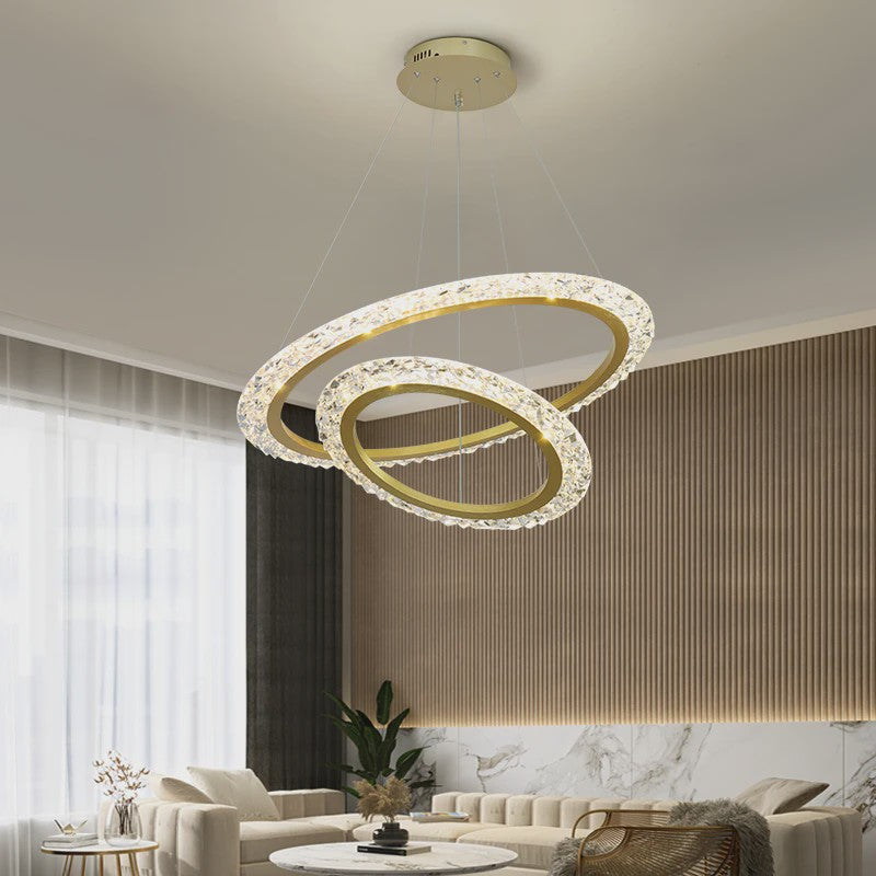 Luxe Gouden LED Ring Hanglamp met Kristaldecoratie - Modern Design Kroonluchter voor Woonkamer & Eetkamer