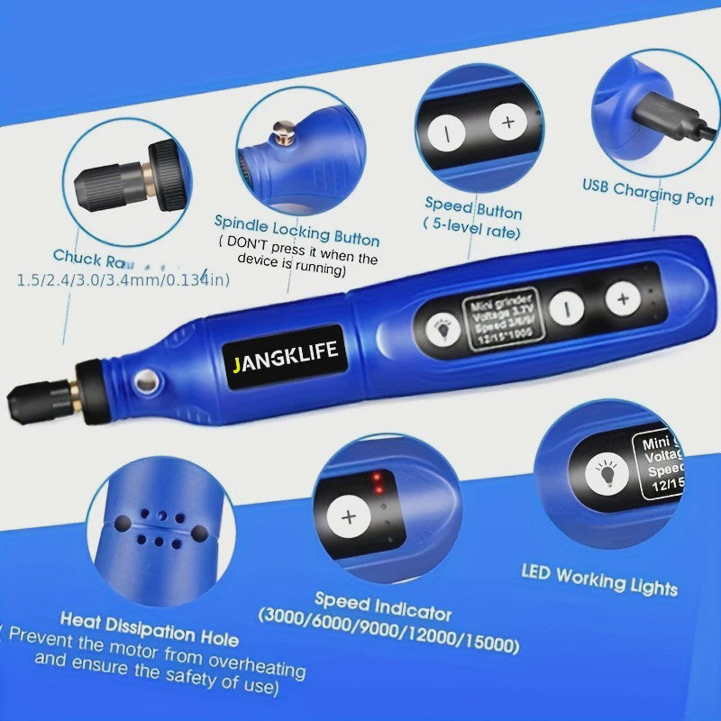 Draadloze Roterende Tool Kit: Graveerpen voor Hout, Metaal, Glas & Sieraden - DIY Mini Boormachine met USB