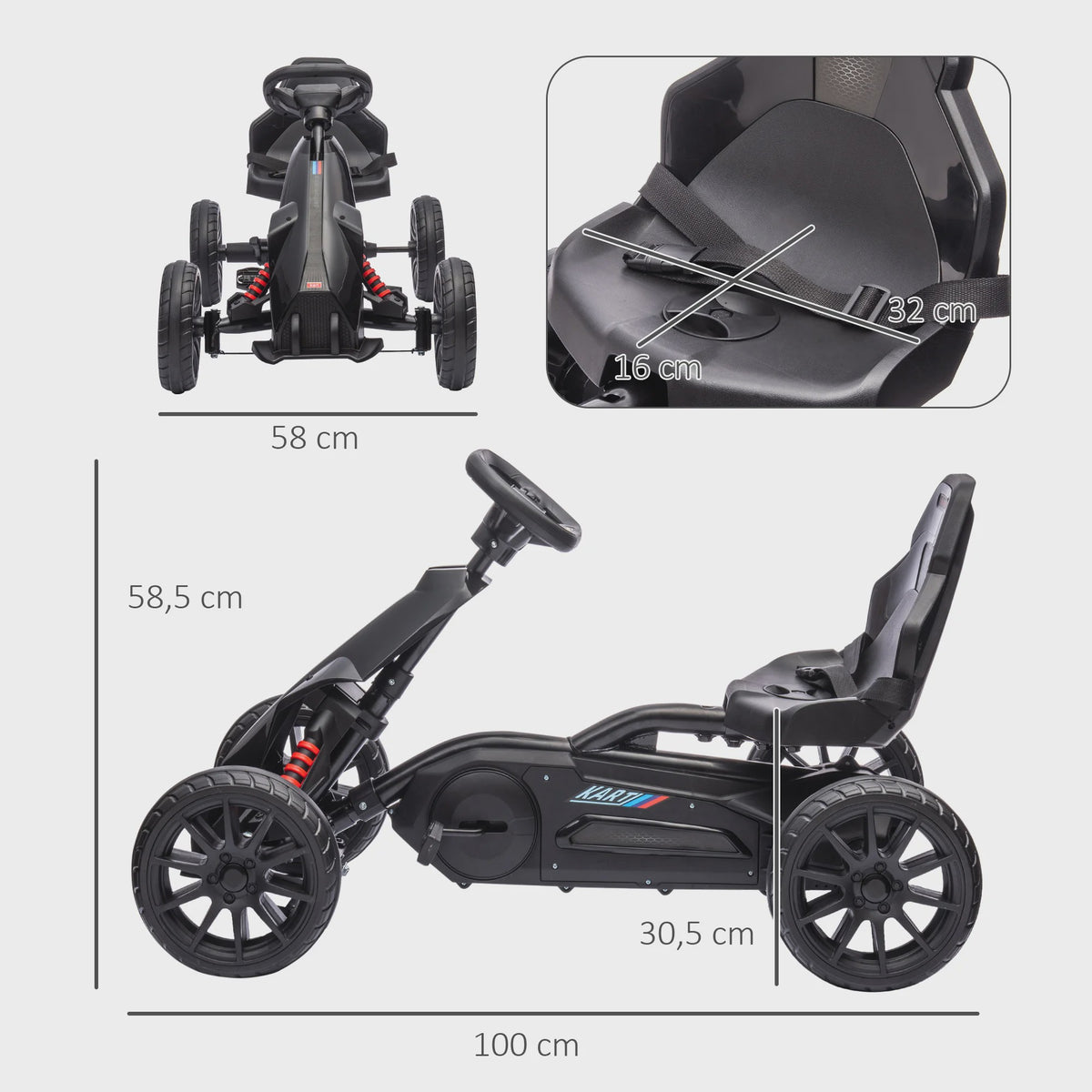Homcom Children's Pedal Go-Kart, Child's Go-Kart, with 4-Position Adjustable Seat, Silent Eva Wheels, 100 X 58 X 5