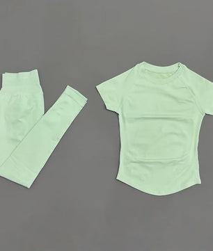 Naadloze Yoga Set Dames: Short Sleeve Top & Hoge Taille Legging - Sneldrogend Sportkleding Pak