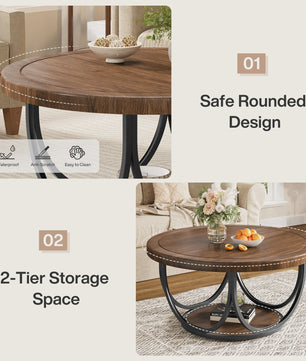Ronde Salontafel met 2 Niveaus - 80 cm Houten Cocktailtafel met Metalen Frame