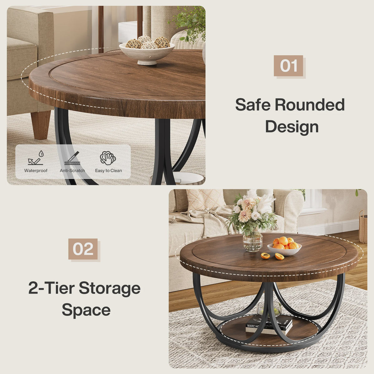 Ronde Salontafel met 2 Niveaus - 80 cm Houten Cocktailtafel met Metalen Frame