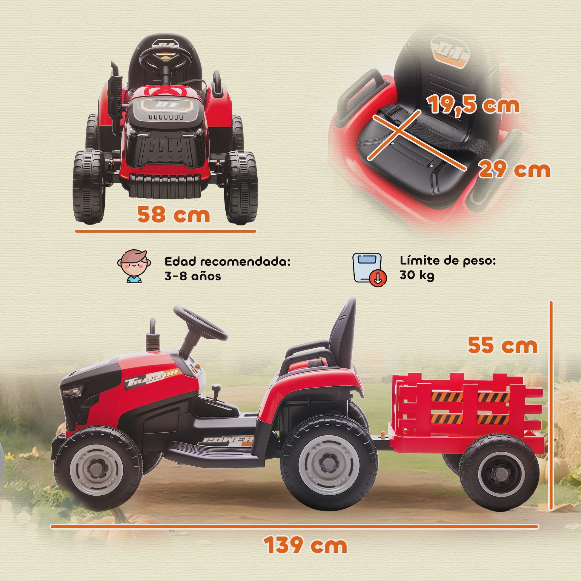 Elektrische Kinder Tractor met Afneembare Aanhanger - 12V Accu, 3-5 Km/U, Afstandsbediening