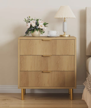 Houten Ladekast met 3 Lades, Modern Dressoir met Gouden Handgrepen en Metalen Poten