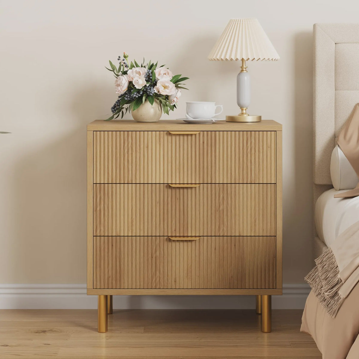 Houten Ladekast met 3 Lades, Modern Dressoir met Gouden Handgrepen en Metalen Poten