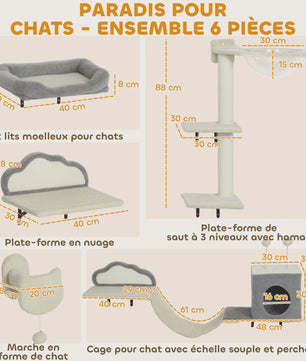 PawHut Wandmeubel voor Katten: 6-delige set met klimboom, hangmat en krabpaal