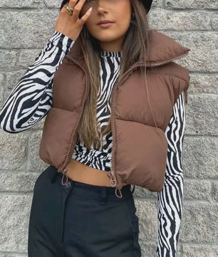 Dames Mouwloos Winter Vest - Warm & Stijlvol Gevuld Kort Jasje met Opstaande Kraag